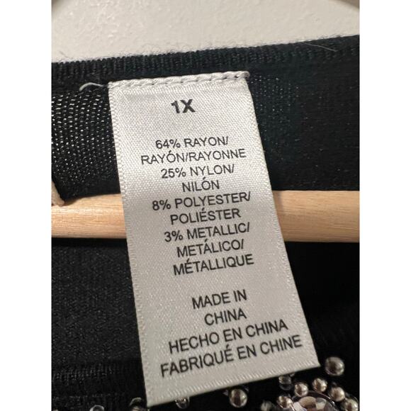 Alfred Dunner Sweater Black Silver Striped Metallic Embellished Neckline 1X JL - Picture 7 of 11